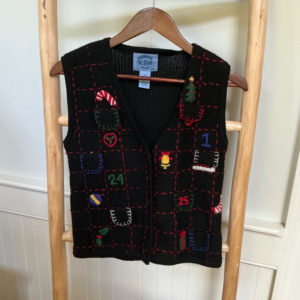 Cambridge Dry Goods Christmas Sweater Vest Black Boiled Wool Advent Calendar S